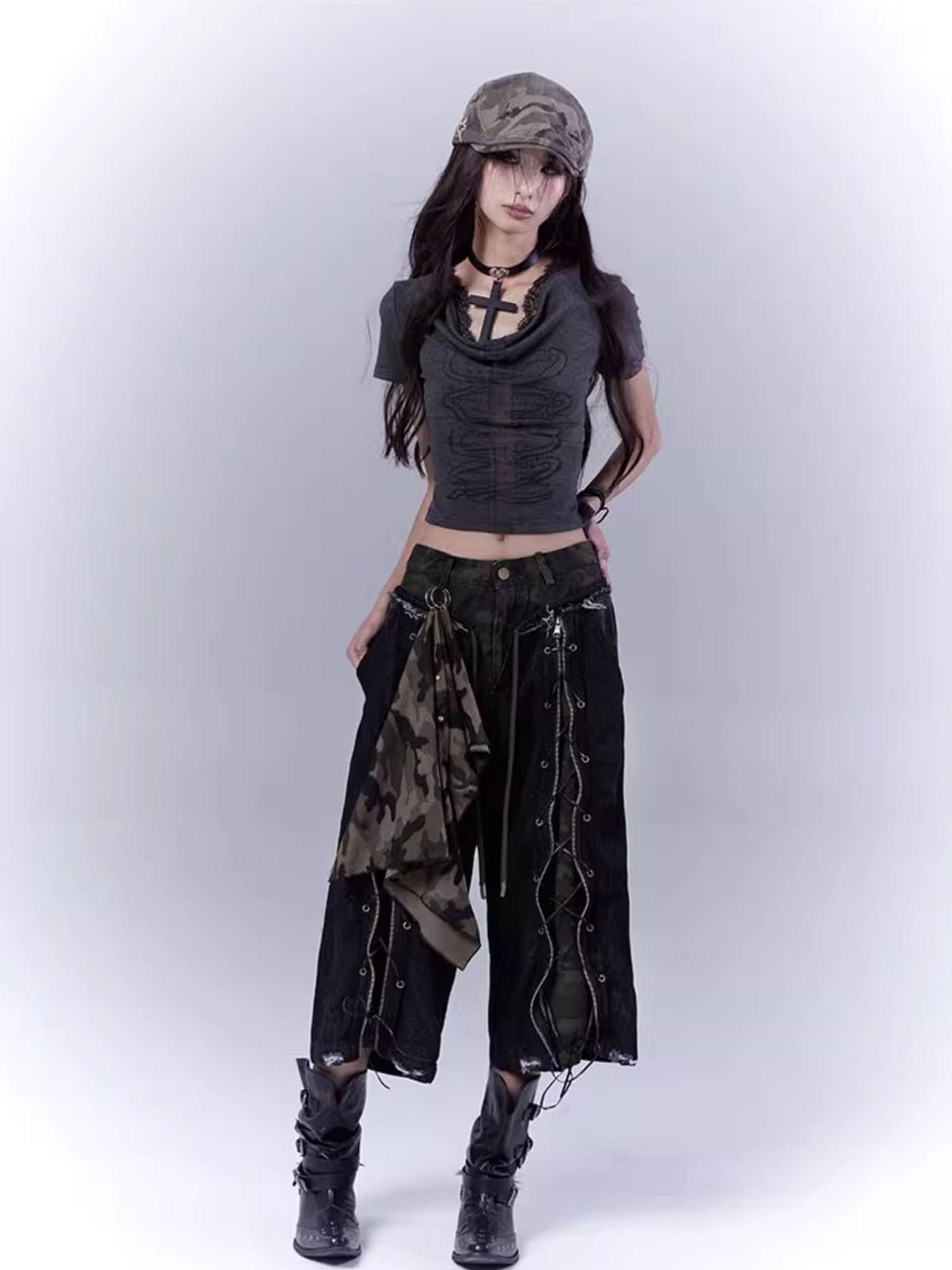 WSW WUSHENWU Mysterious Messenger Grey Cutout Cross Lace Tee