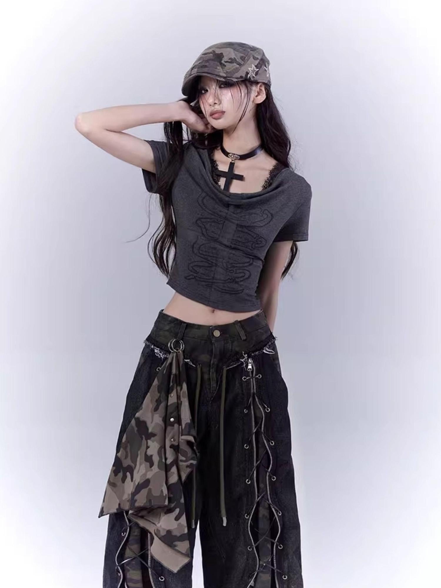 WSW WUSHENWU Mysterious Messenger Grey Cutout Cross Lace Tee