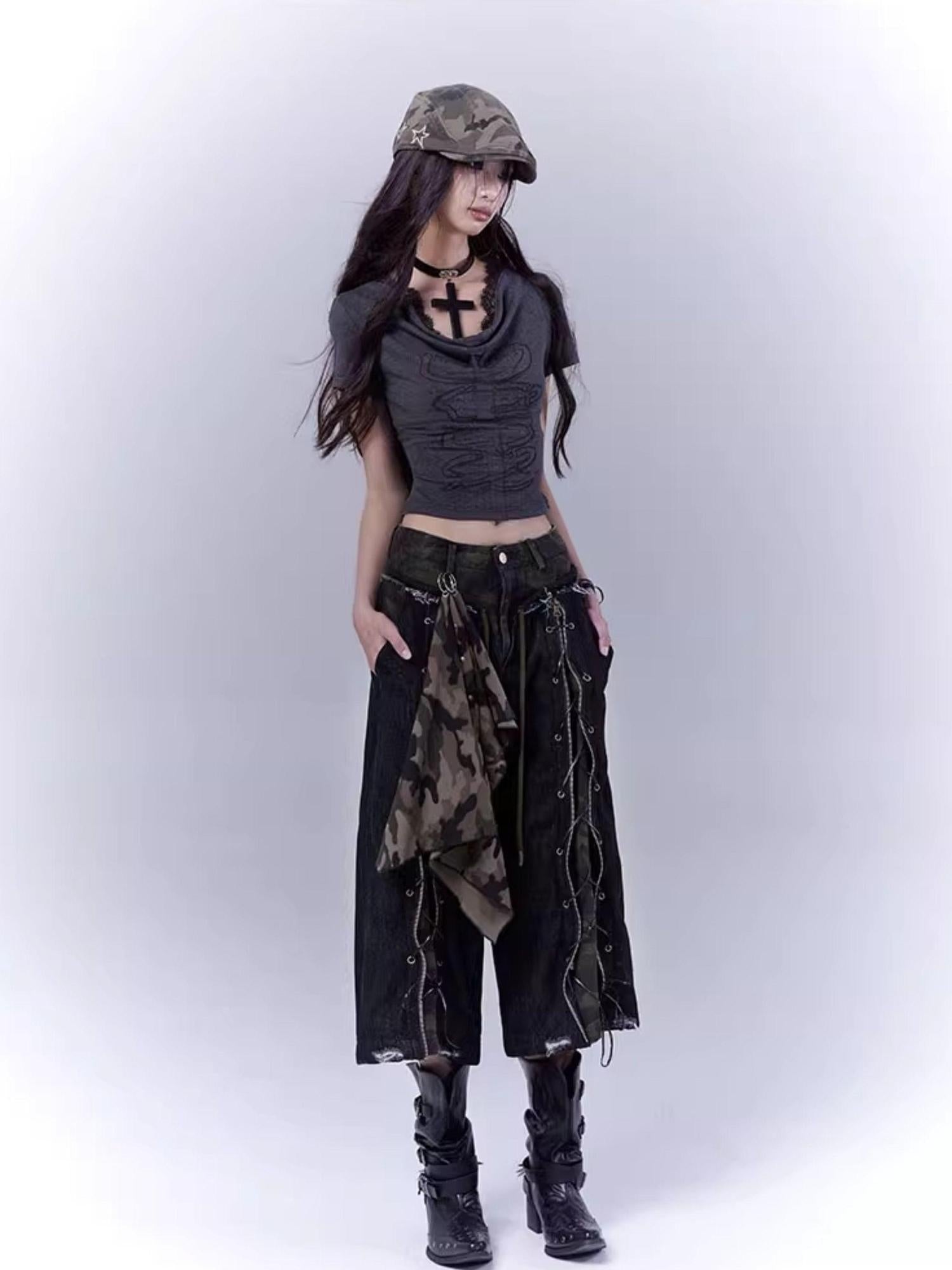 WSW WUSHENWU Mysterious Messenger Grey Cutout Cross Lace Tee