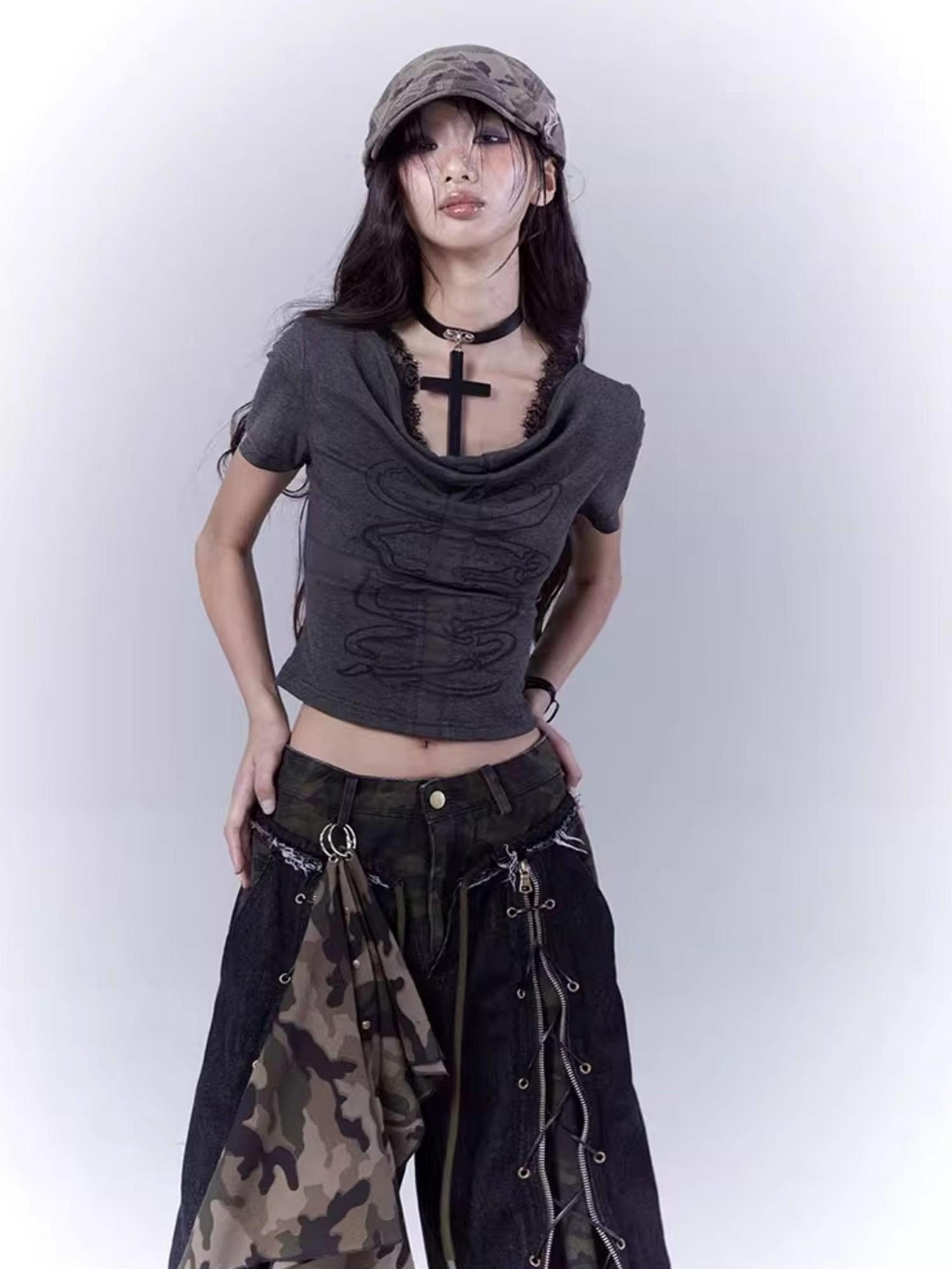 WSW WUSHENWU Mysterious Messenger Grey Cutout Cross Lace Tee