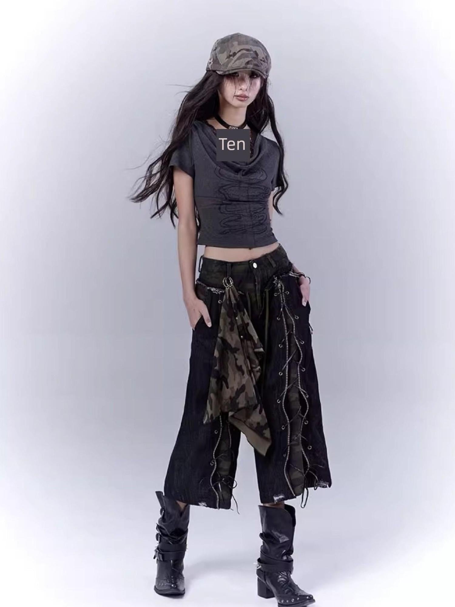 WSW WUSHENWU Mysterious Messenger Grey Cutout Cross Lace Tee