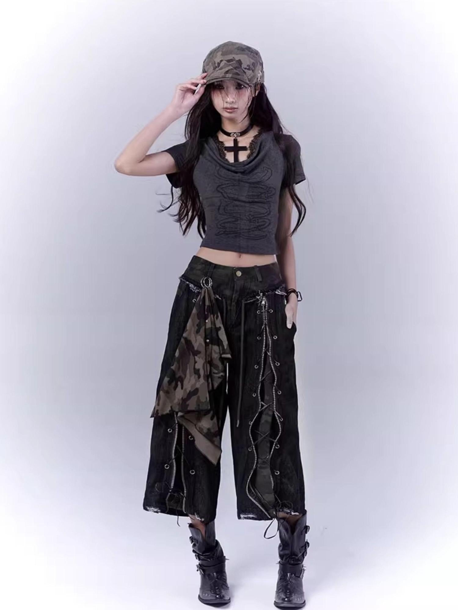 WSW WUSHENWU Mysterious Messenger Grey Cutout Cross Lace Tee