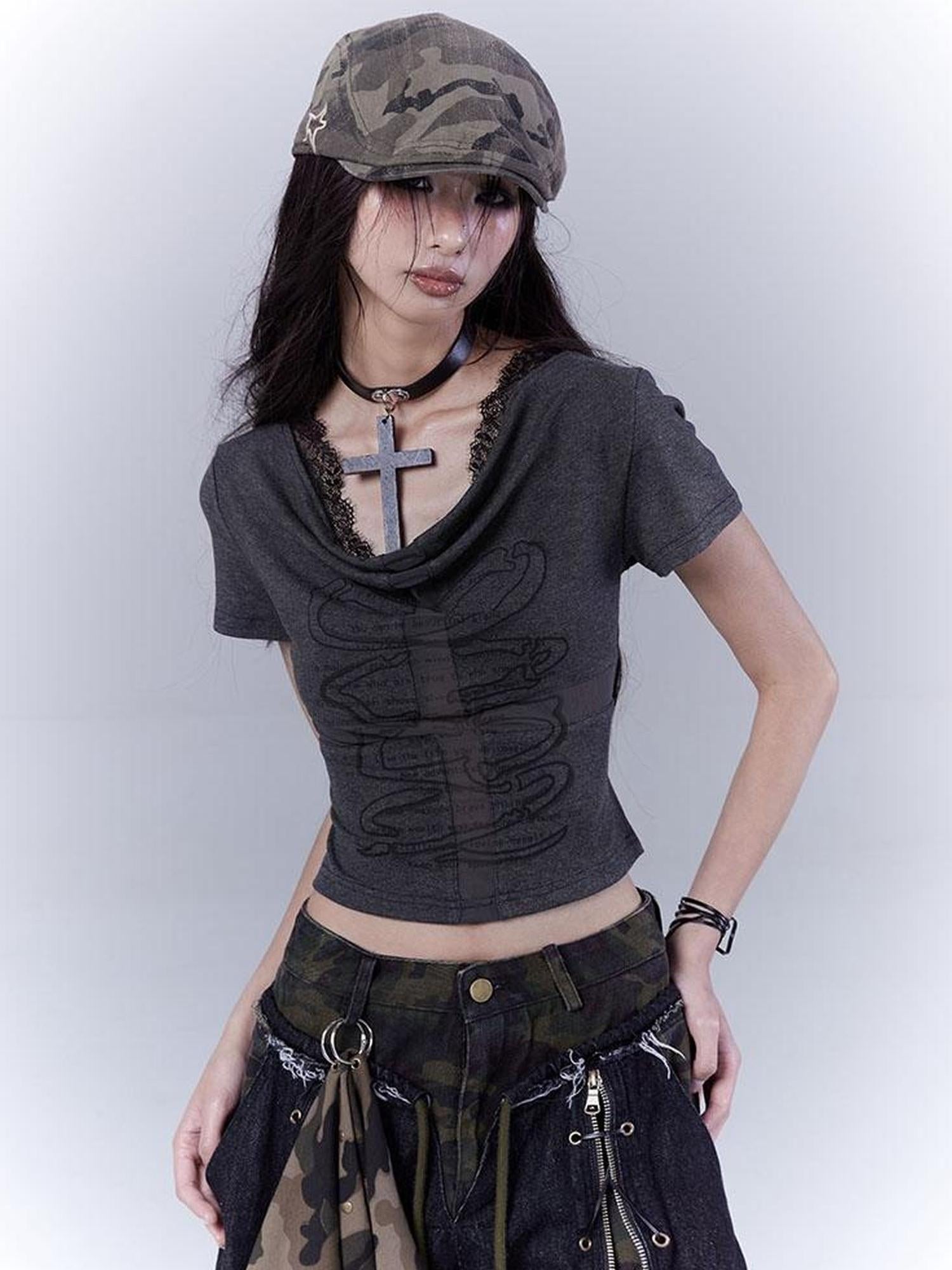 WSW WUSHENWU Mysterious Messenger Grey Cutout Cross Lace Tee