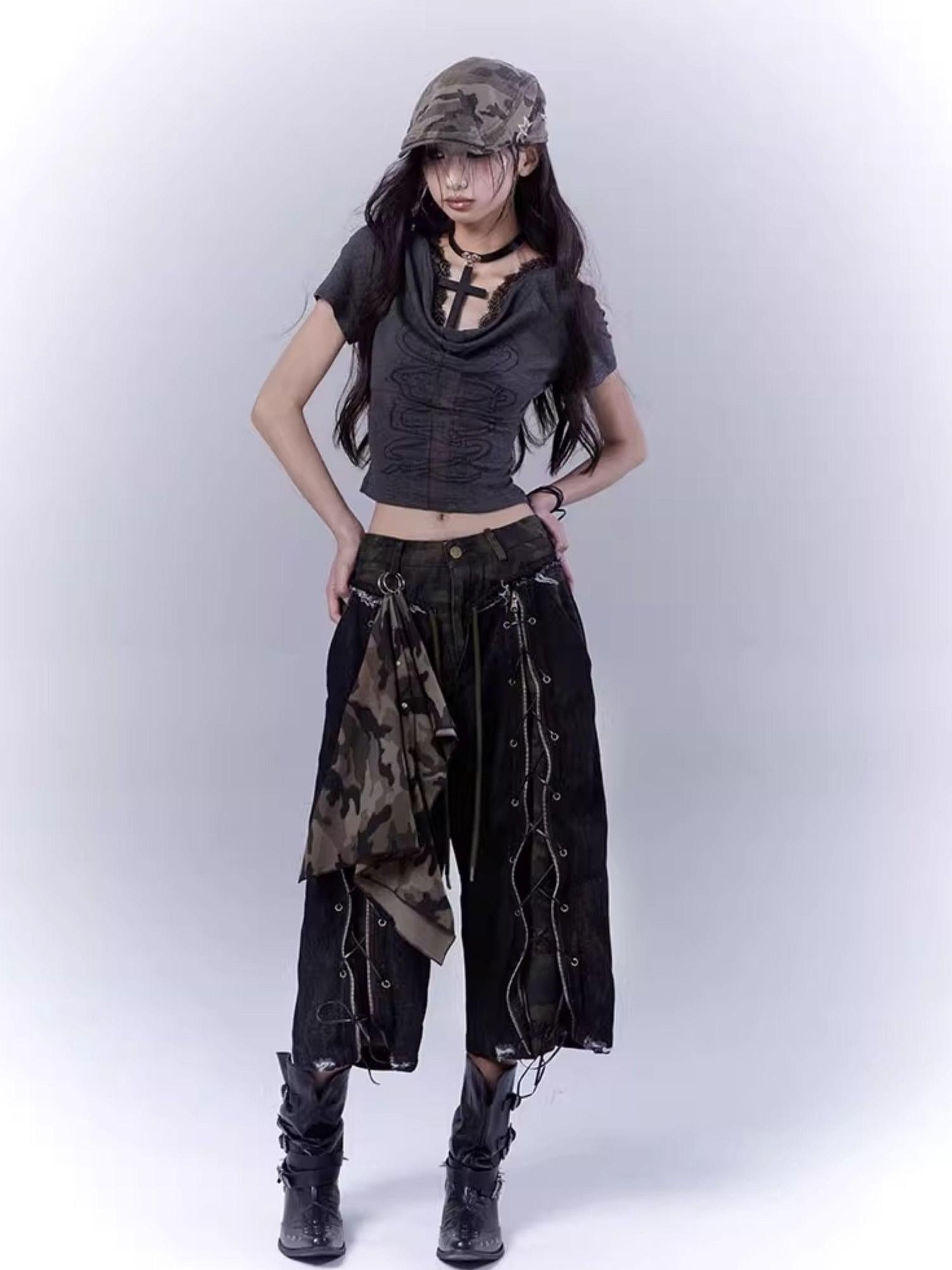 WSW WUSHENWU Mysterious Messenger Grey Cutout Cross Lace Tee