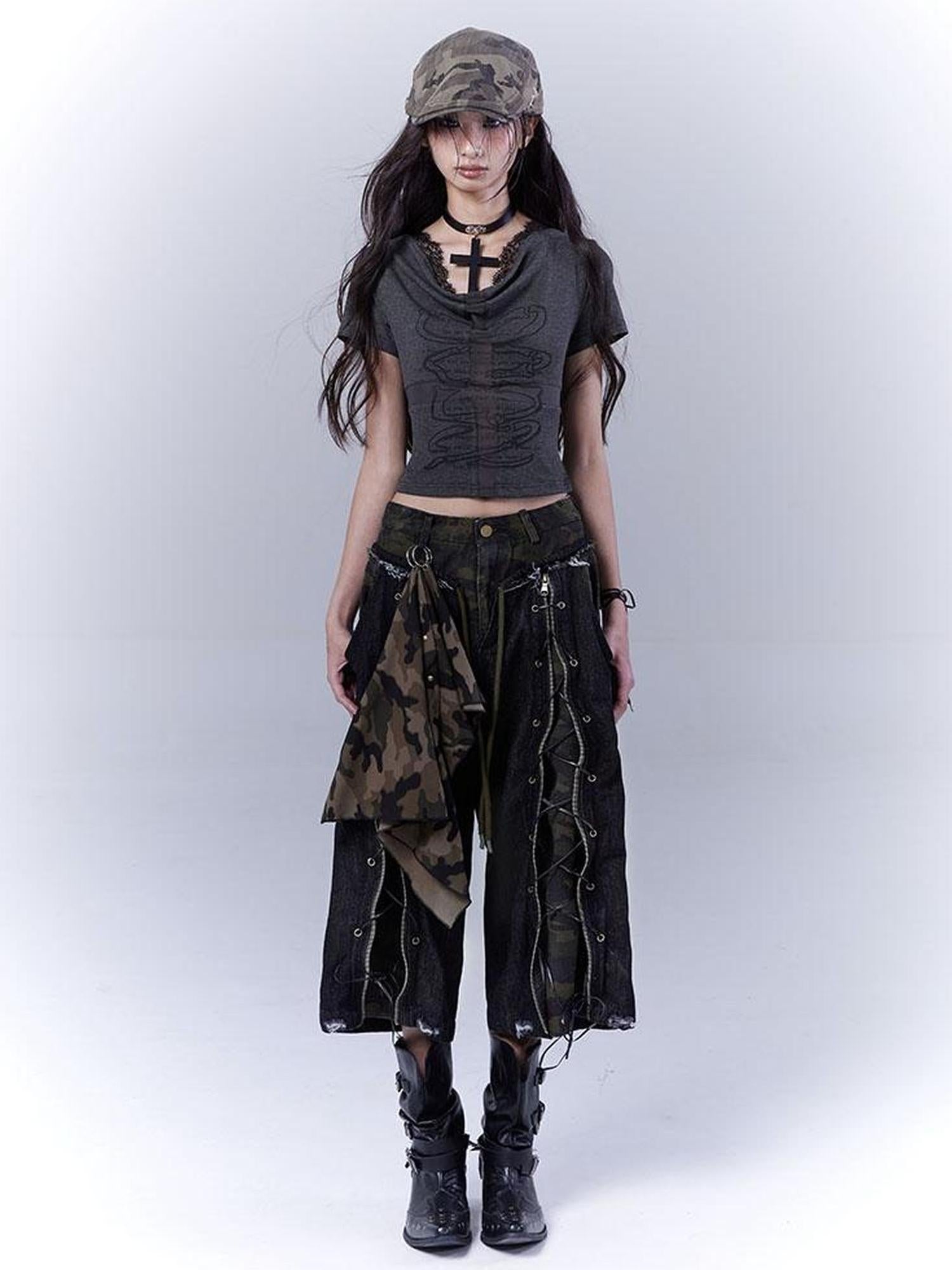 WSW WUSHENWU Mysterious Messenger Grey Cutout Cross Lace Tee