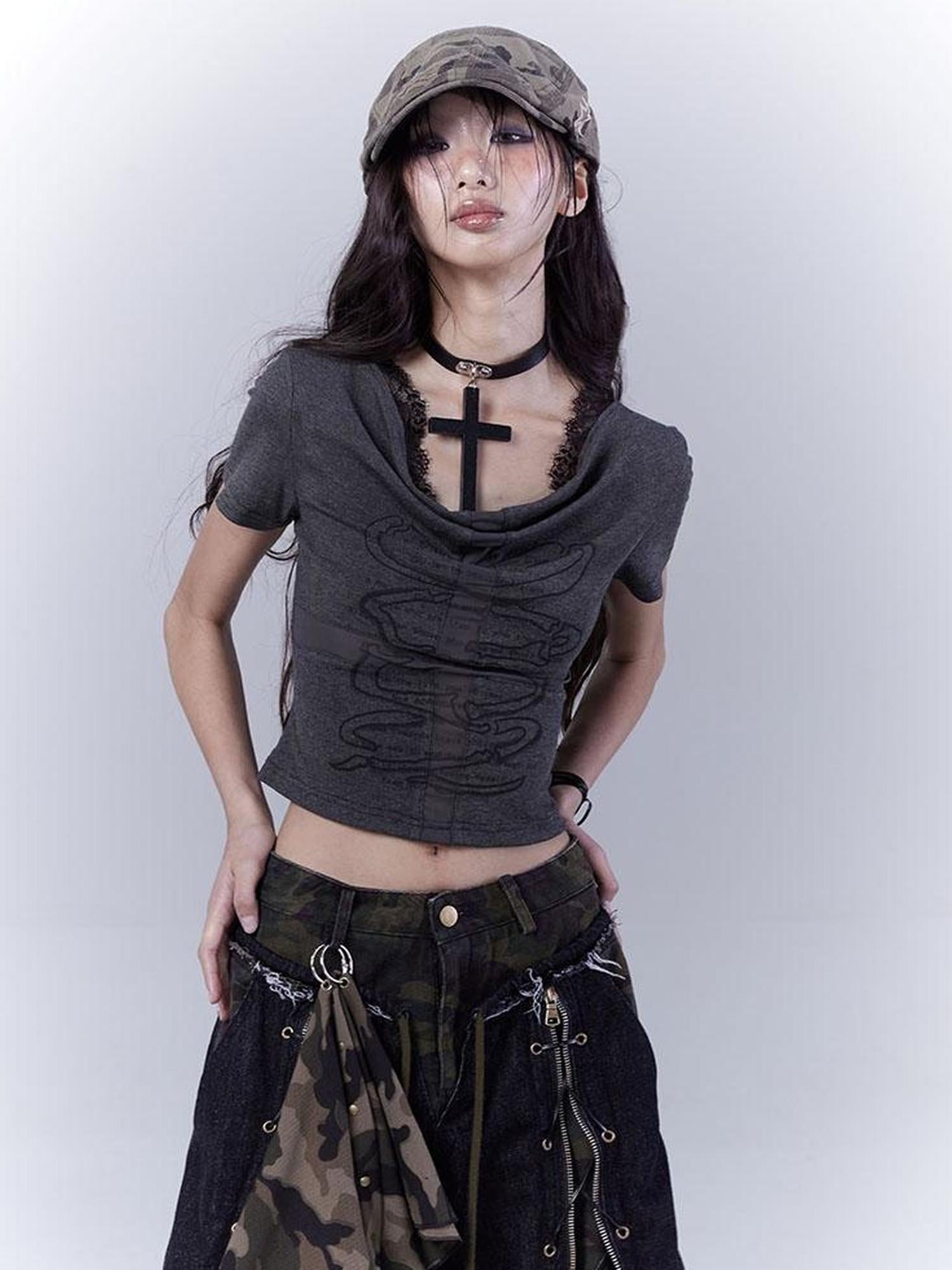 WSW WUSHENWU Mysterious Messenger Grey Cutout Cross Lace Tee