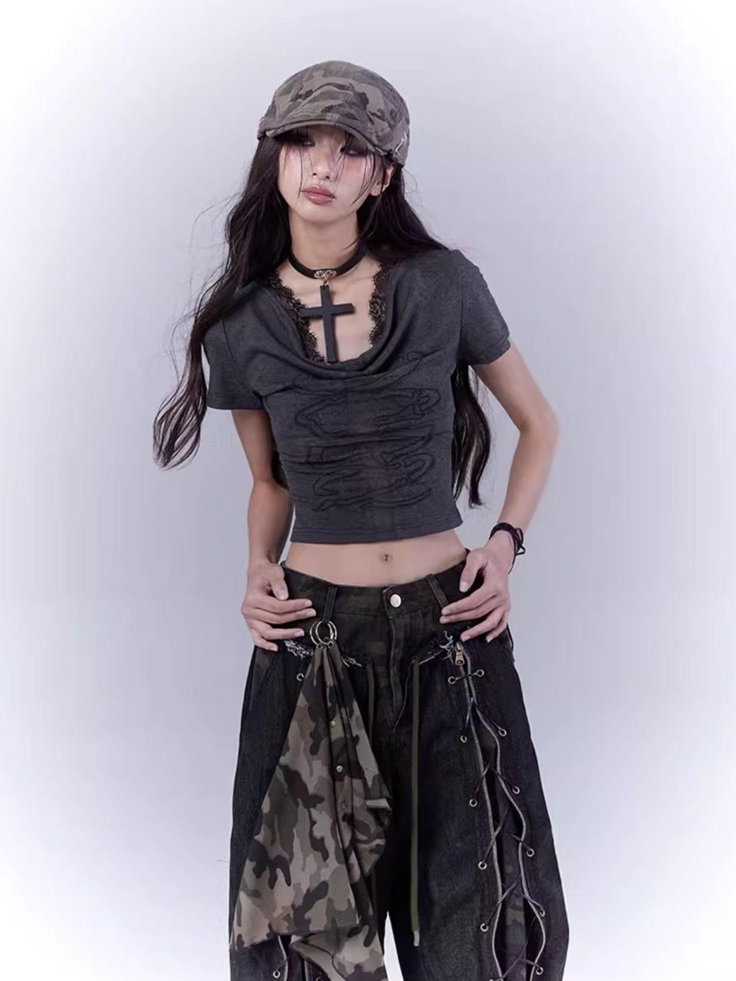WSW WUSHENWU Mysterious Messenger Grey Cutout Cross Lace Tee