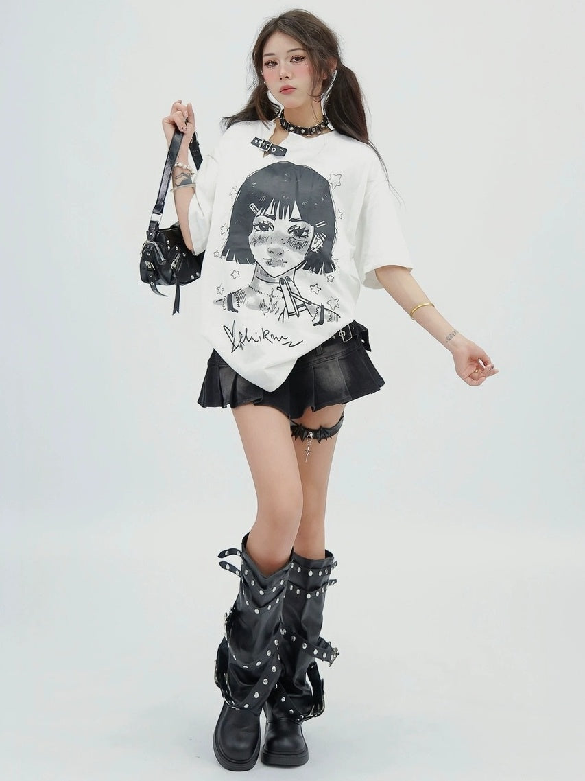 NANAICHILLI 100 Percent Cotton Loose Fit Street Printed White Crewneck Graphic T-Shirt