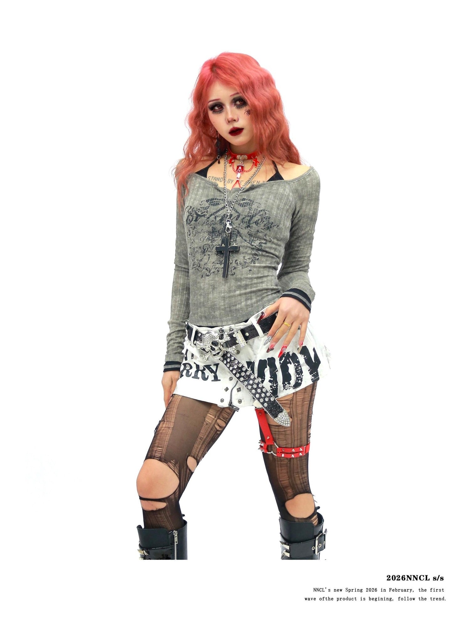 NANAICHILLI Bloodstain Gothic Skull Distressed Faux Layered Women&