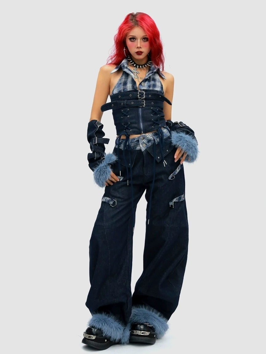 NANAICHILLI Blue And Red Plaid High Rise Straight Fit Casual Women Checked Jeans