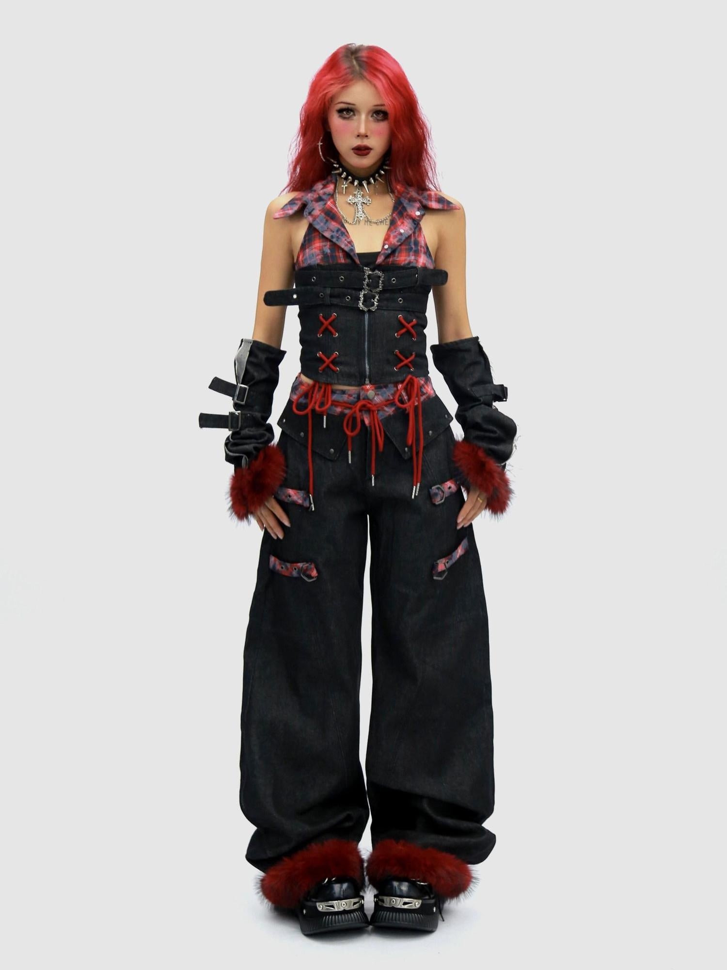 NANAICHILLI Blue And Red Plaid High Rise Straight Fit Casual Women Checked Jeans