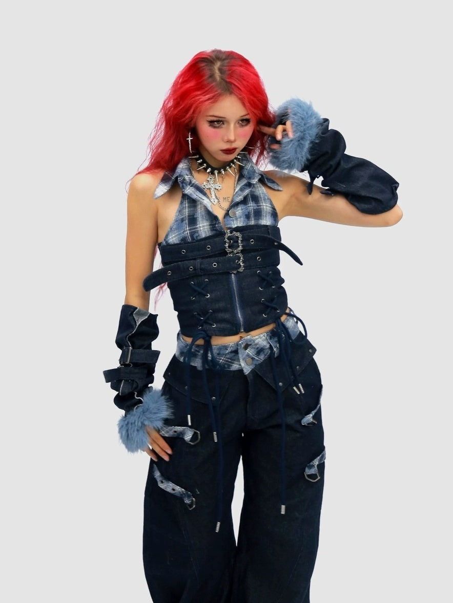 NANAICHILLI Blue And Red Plaid High Rise Straight Fit Casual Women Checked Jeans