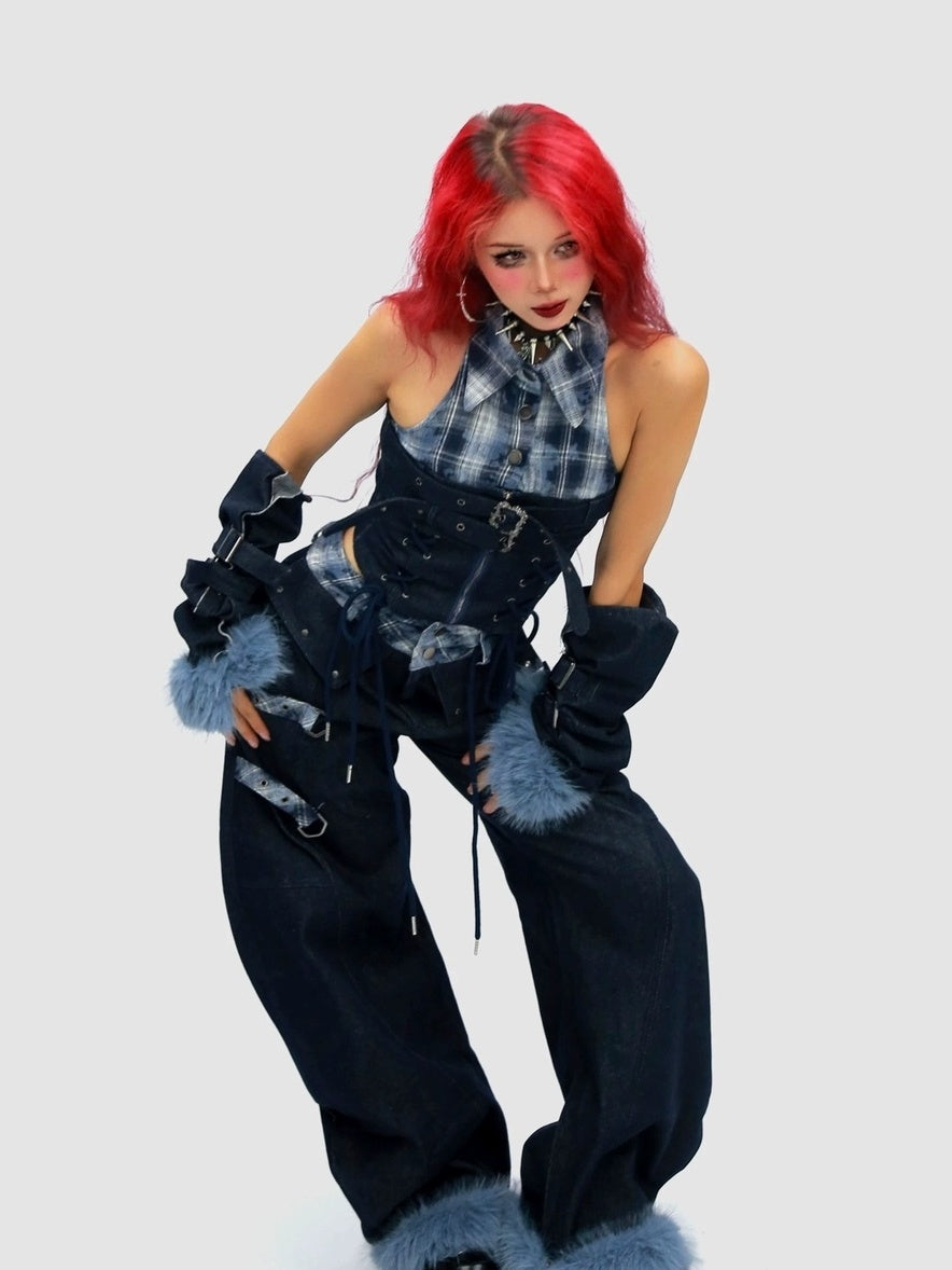 NANAICHILLI Blue And Red Plaid High Rise Straight Fit Casual Women Checked Jeans