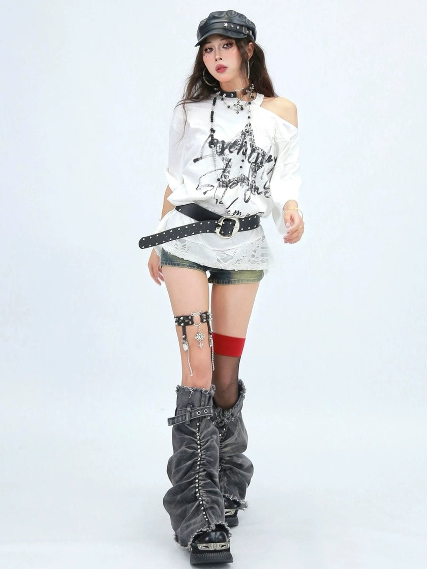 NANAICHILLI Breathable Cotton Loose Fit Asymmetric Neckline Letter Print Women Street T-Shirt