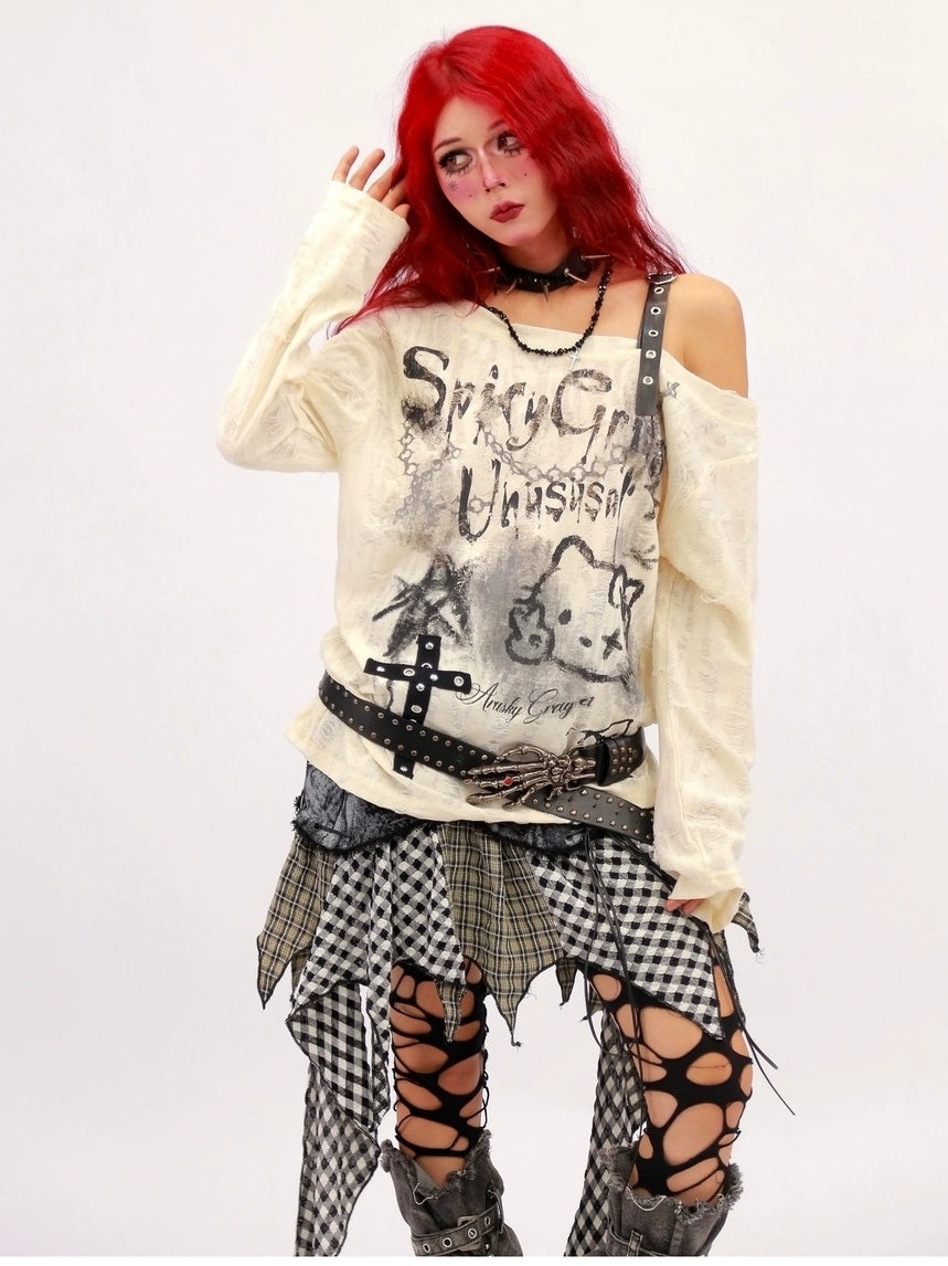 NANAICHILLI Breathable Printed Loose Fit Slanted Neck Women Almond Gray Long Sleeve T-Shirt