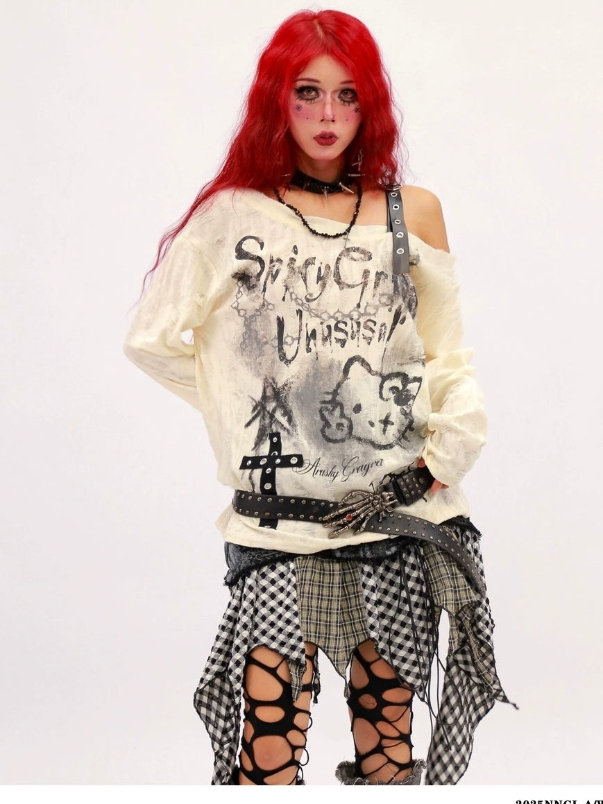 NANAICHILLI Breathable Printed Loose Fit Slanted Neck Women Almond Gray Long Sleeve T-Shirt