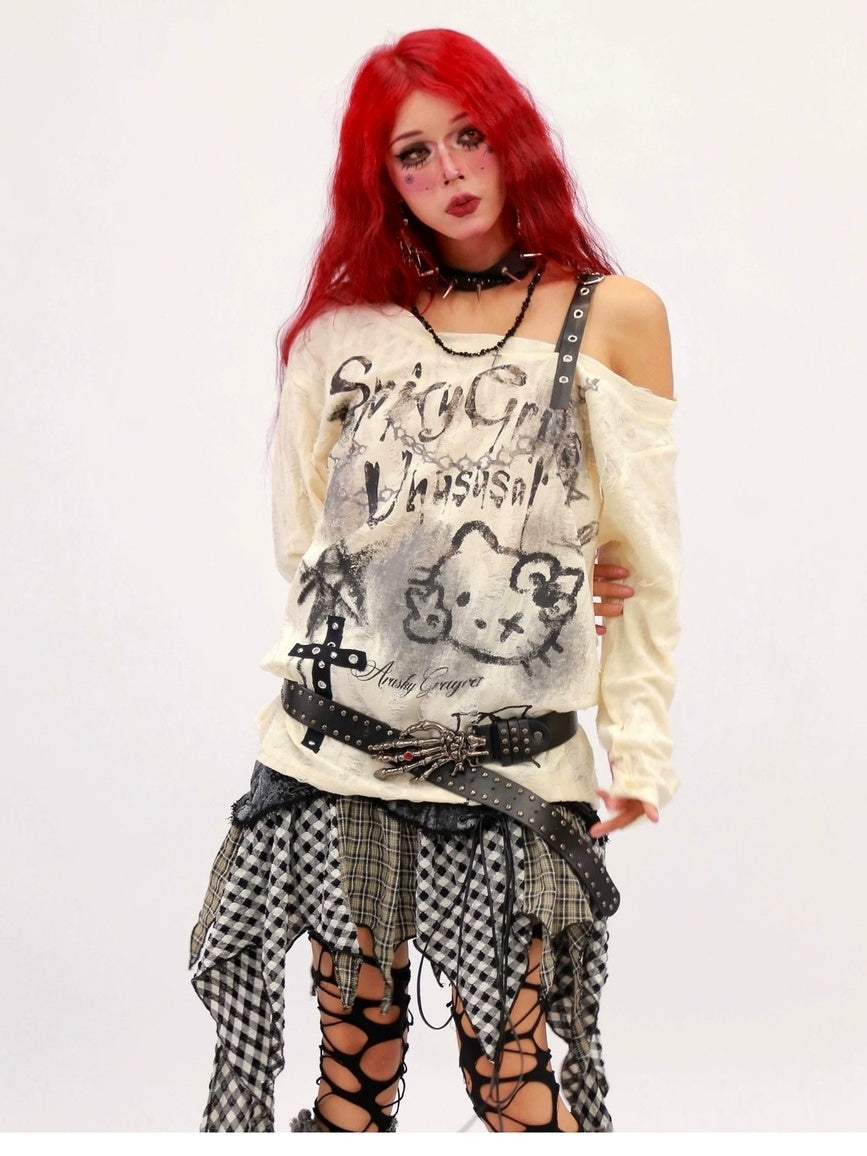 NANAICHILLI Breathable Printed Loose Fit Slanted Neck Women Almond Gray Long Sleeve T-Shirt