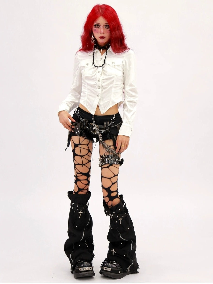 NANAICHILLI Breathable Sexy Slim Cropped Lapel Button Solid Polyester Long Sleeve Shirt