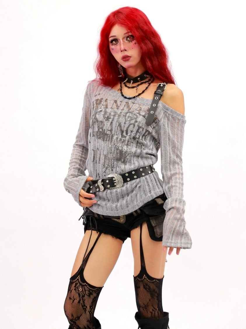 NANAICHILLI Breathable Wrinkle Free Sexy Printed Slim Fit Women Grey Long Sleeve T-Shirt