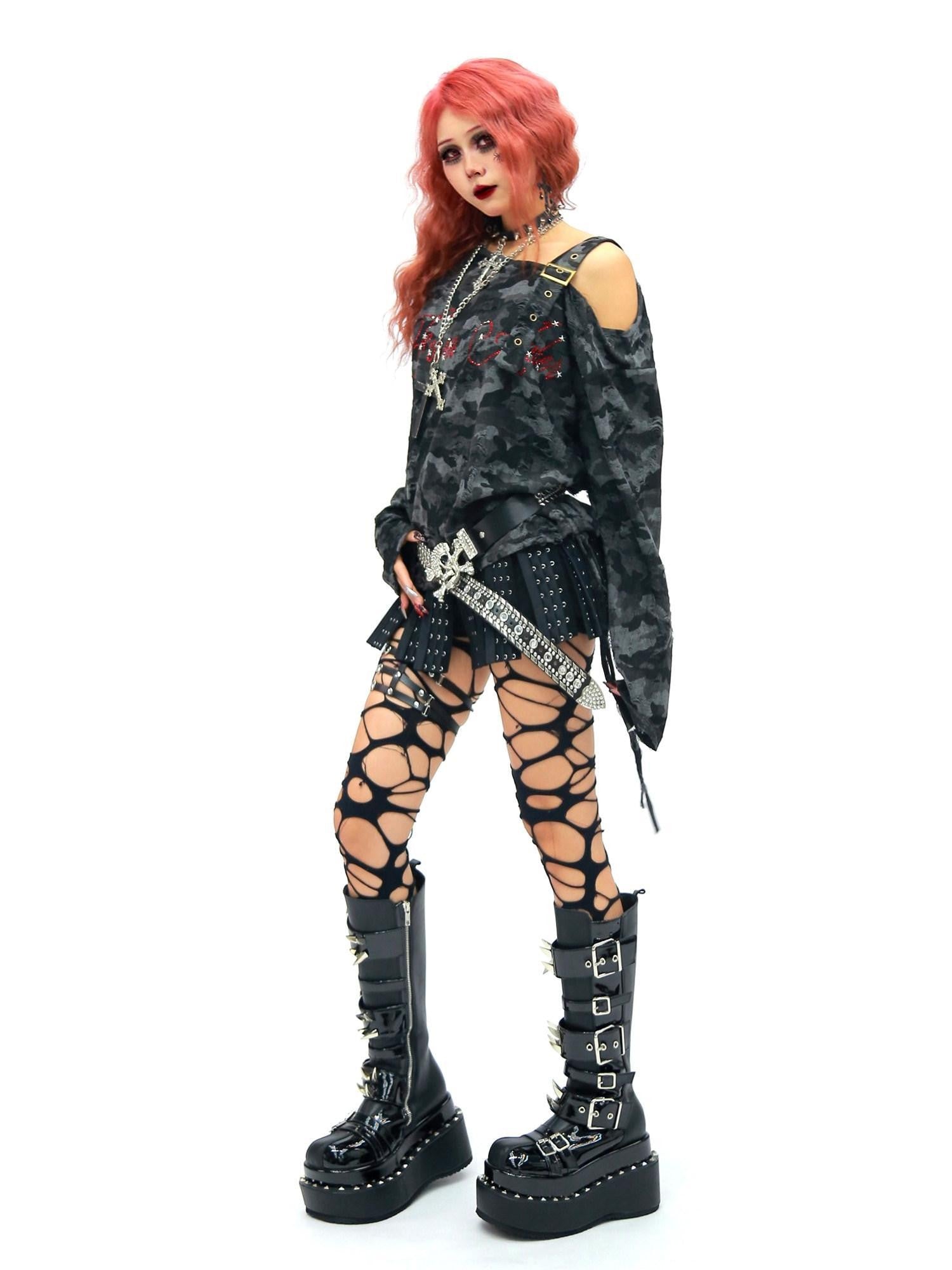 NANAICHILLI Camo Rhinestone Drawstring One Shoulder Women&