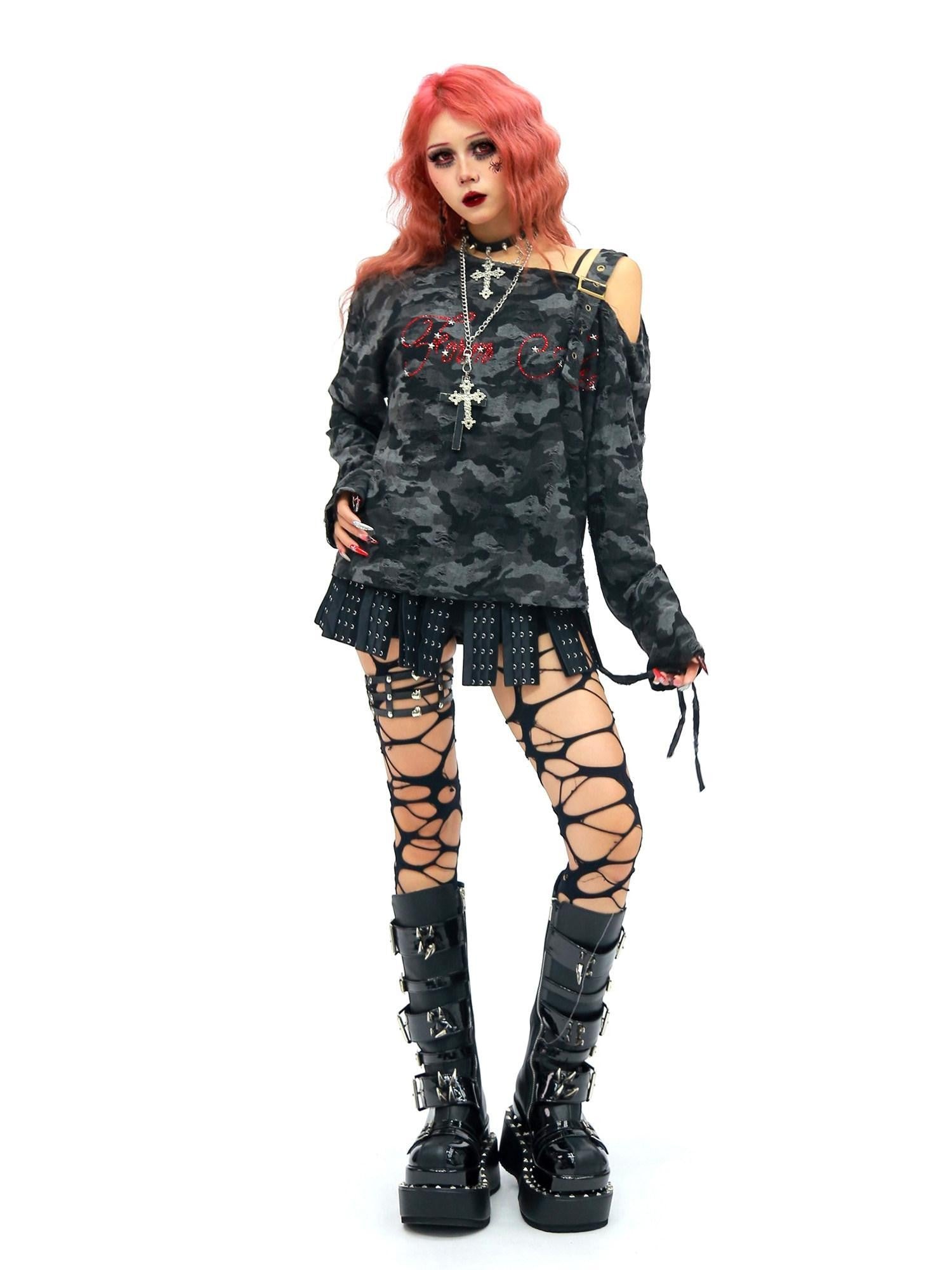 NANAICHILLI Camo Rhinestone Drawstring One Shoulder Women&