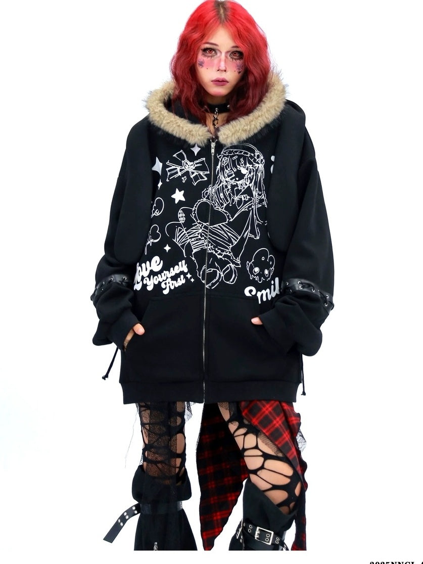 NANAICHILLI Cartoon Anime Graphic Loose Fit Zip Up Hooded Long Sleeve Streetwear Hoodies