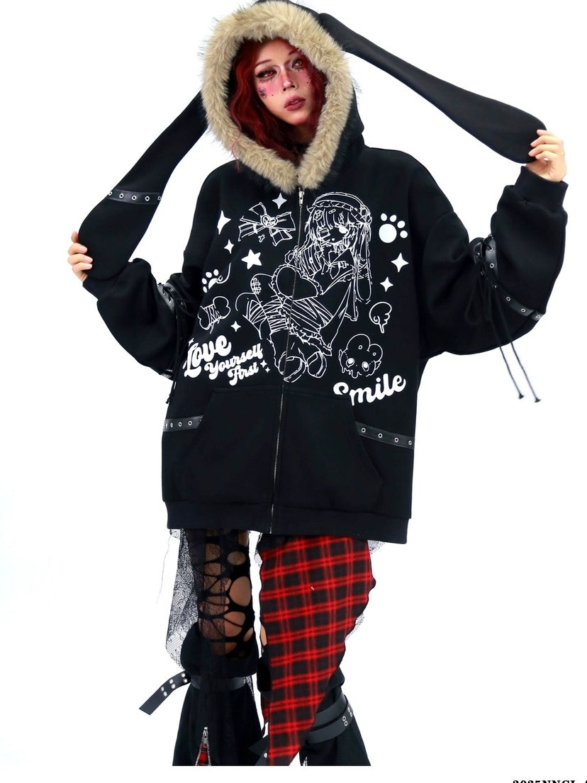 NANAICHILLI Cartoon Anime Graphic Loose Fit Zip Up Hooded Long Sleeve Streetwear Hoodies