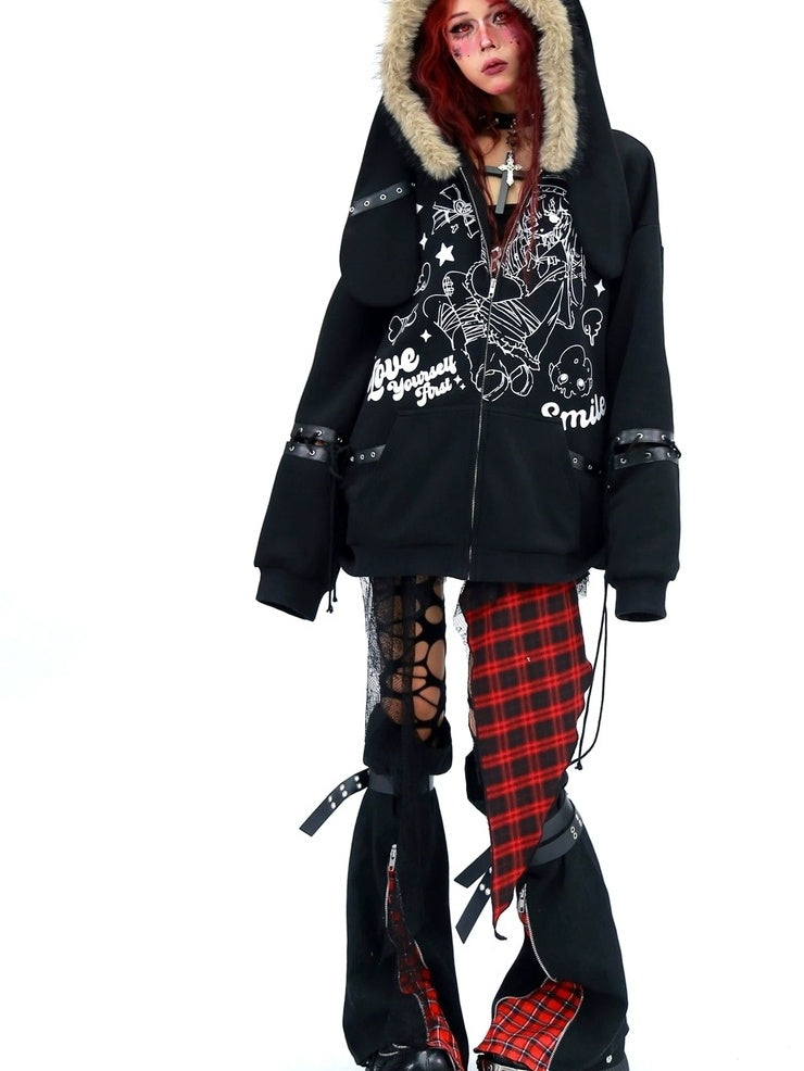 NANAICHILLI Cartoon Anime Graphic Loose Fit Zip Up Hooded Long Sleeve Streetwear Hoodies