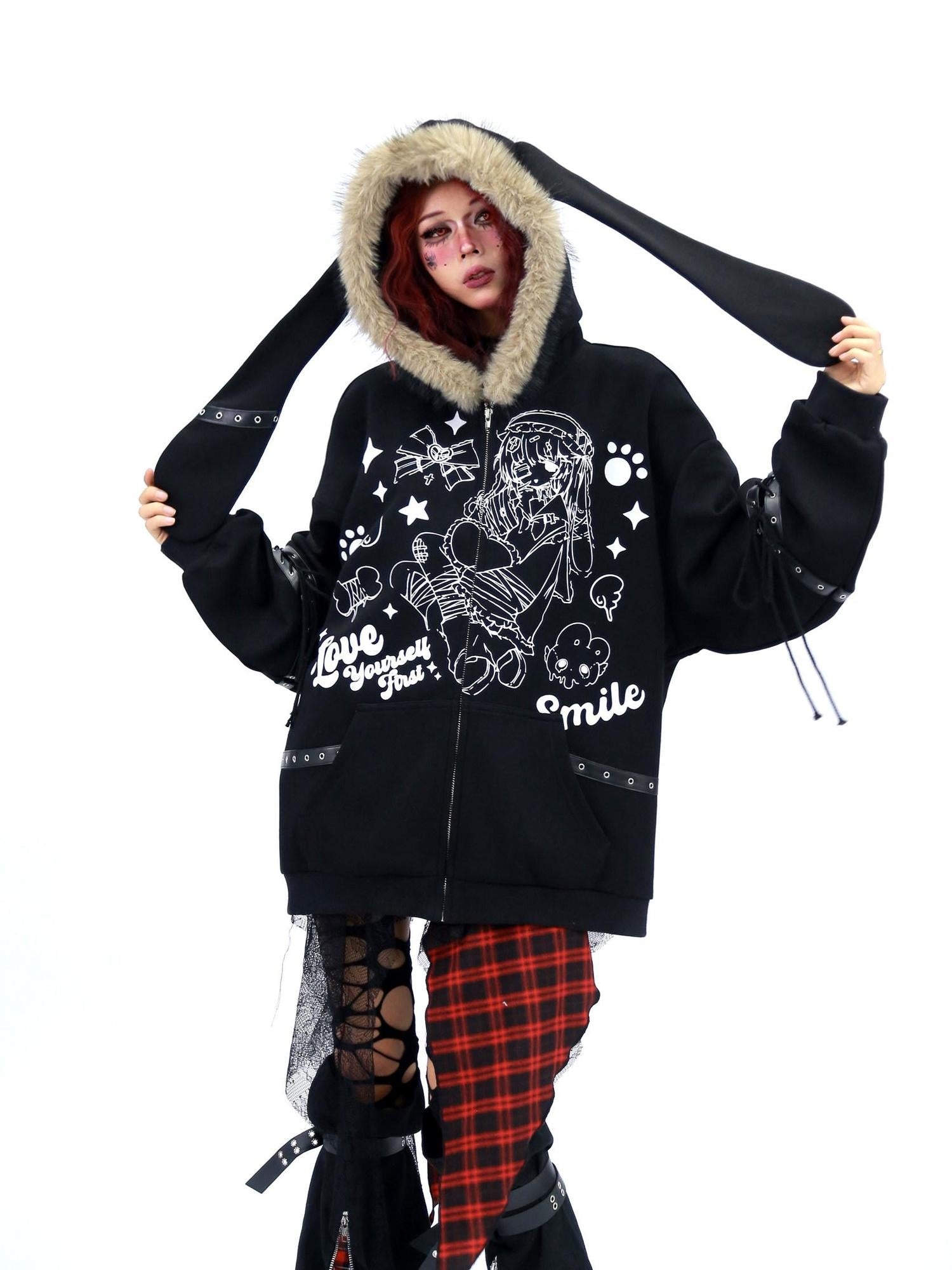 NANAICHILLI Cartoon Anime Graphic Loose Fit Zip Up Hooded Long Sleeve Streetwear Hoodies