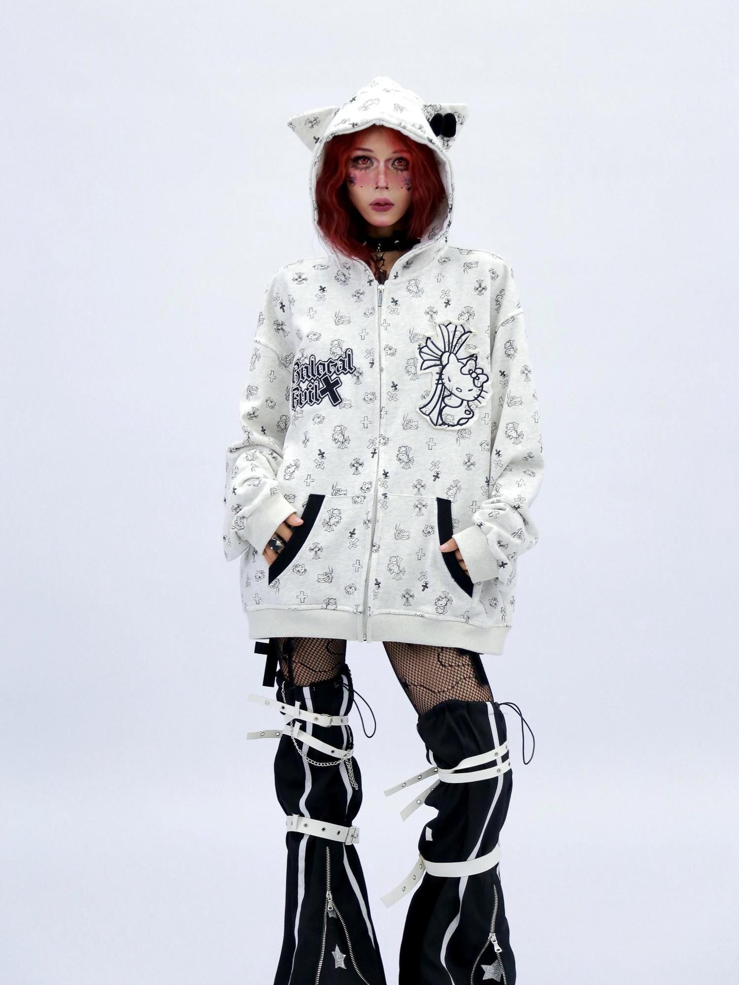 NANAICHILLI Cartoon Anime Graphic Loose Fit Zip Up Hooded Street Style Light Gray Hoodies