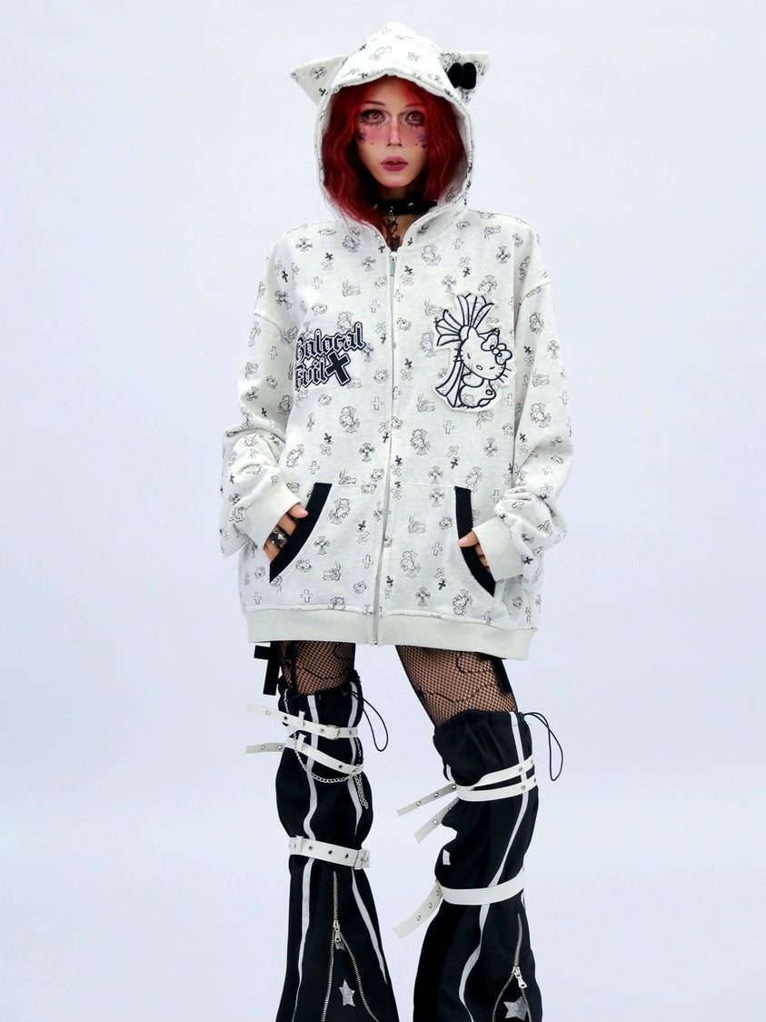 NANAICHILLI Cartoon Anime Graphic Loose Fit Zip Up Hooded Street Style Light Gray Hoodies