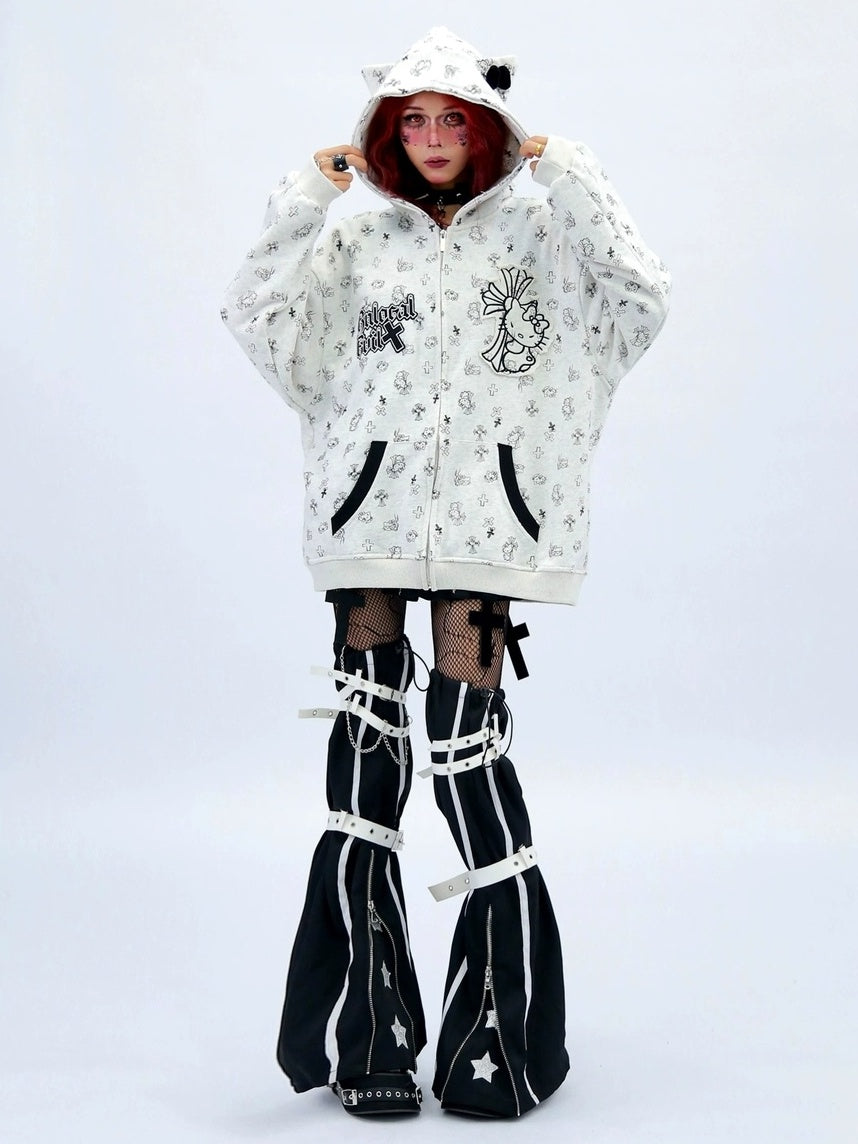 NANAICHILLI Cartoon Anime Graphic Loose Fit Zip Up Hooded Street Style Light Gray Hoodies