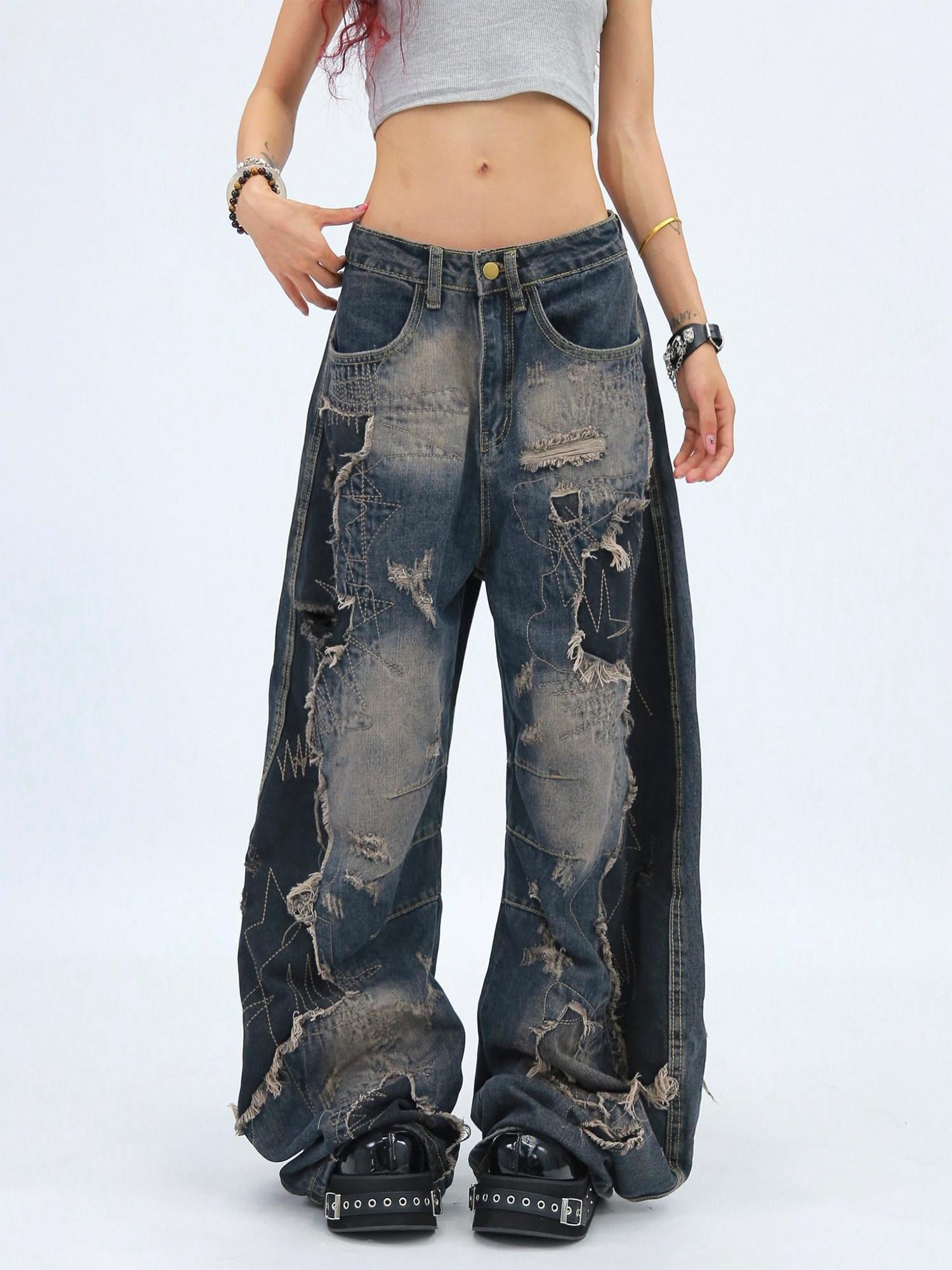 NANAICHILLI Comfortable Loose Wide Leg Zip Fly Natural Waist Casual Black Blue Jeans