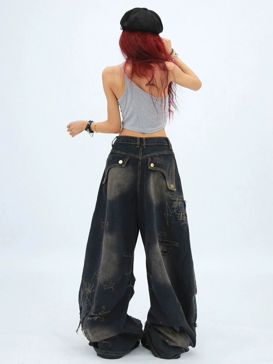 NANAICHILLI Comfortable Loose Wide Leg Zip Fly Natural Waist Casual Black Blue Jeans