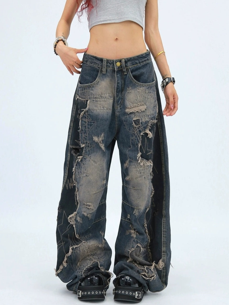 NANAICHILLI Comfortable Loose Wide Leg Zip Fly Natural Waist Casual Black Blue Jeans