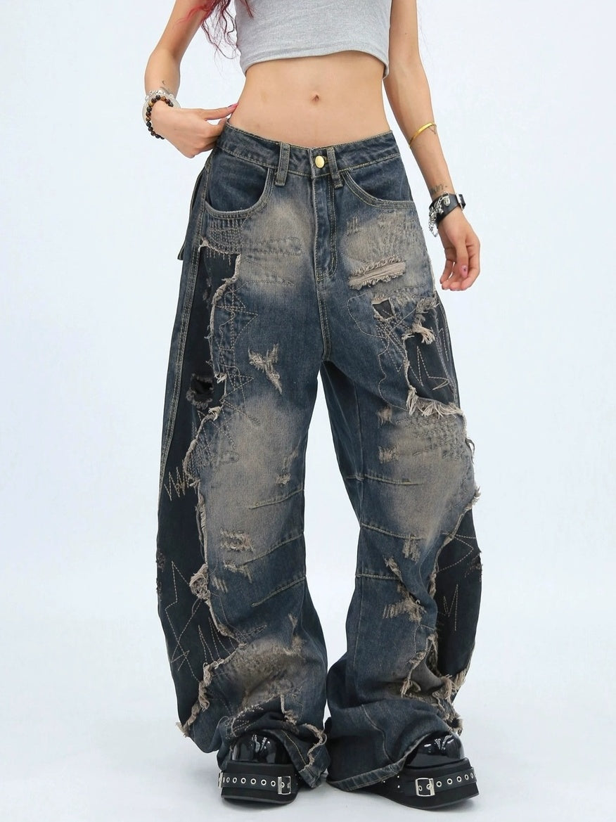 NANAICHILLI Comfortable Loose Wide Leg Zip Fly Natural Waist Casual Black Blue Jeans