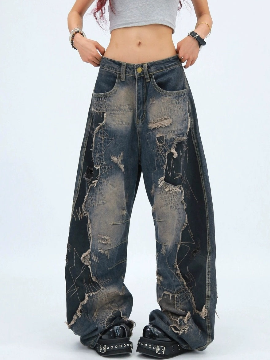 NANAICHILLI Comfortable Loose Wide Leg Zip Fly Natural Waist Casual Black Blue Jeans