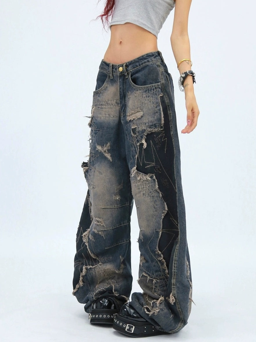 NANAICHILLI Comfortable Loose Wide Leg Zip Fly Natural Waist Casual Black Blue Jeans