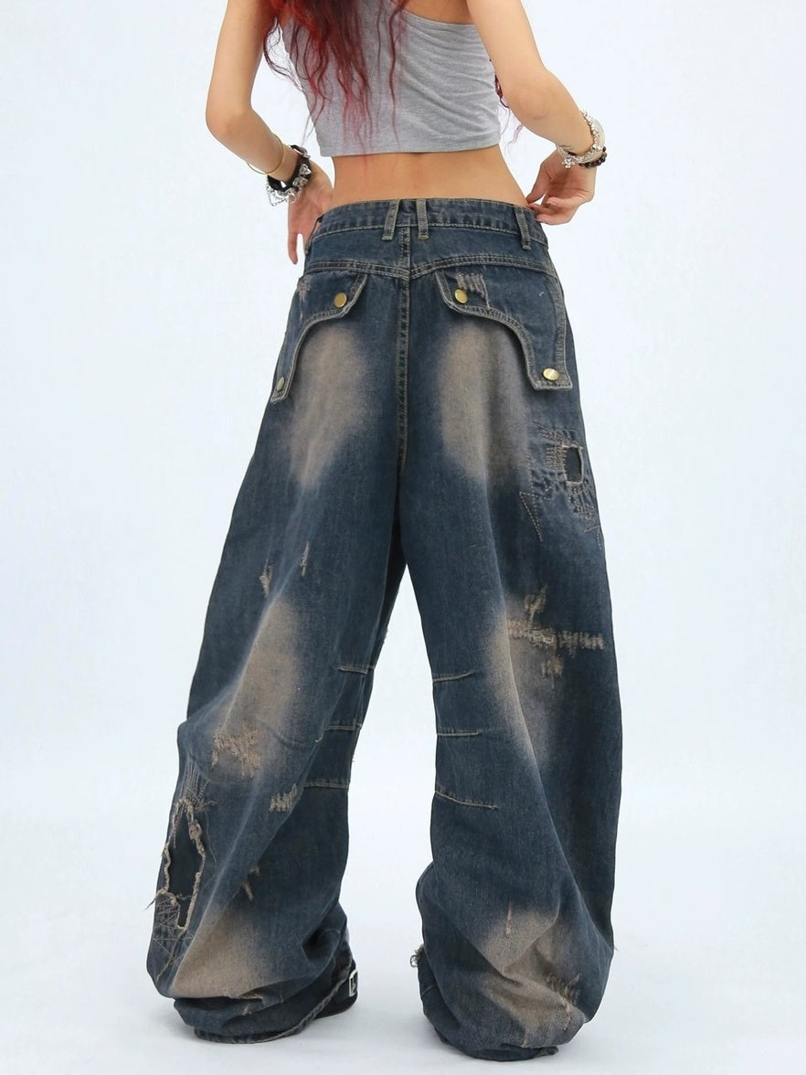 NANAICHILLI Comfortable Loose Wide Leg Zip Fly Natural Waist Casual Black Blue Jeans