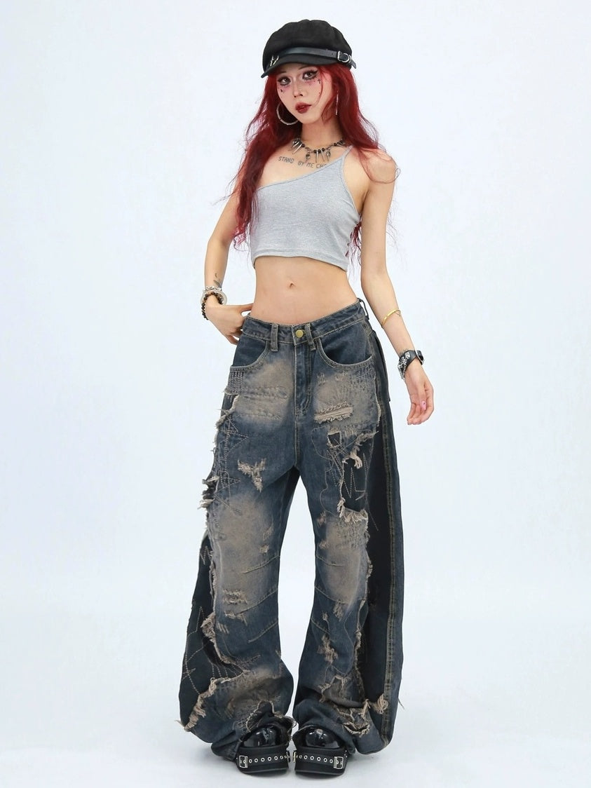 NANAICHILLI Comfortable Loose Wide Leg Zip Fly Natural Waist Casual Black Blue Jeans