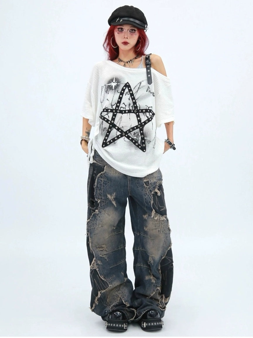 NANAICHILLI Comfortable Loose Wide Leg Zip Fly Natural Waist Casual Black Blue Jeans