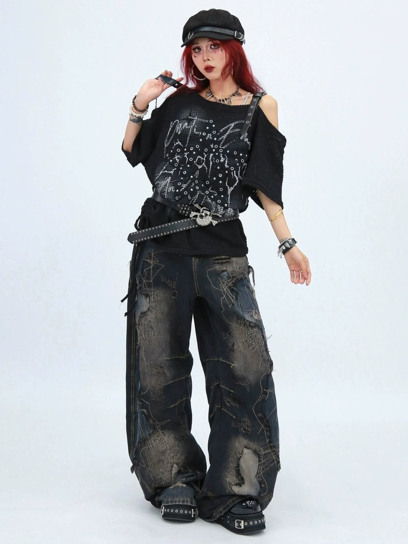 NANAICHILLI Comfortable Loose Wide Leg Zip Fly Natural Waist Casual Black Blue Jeans