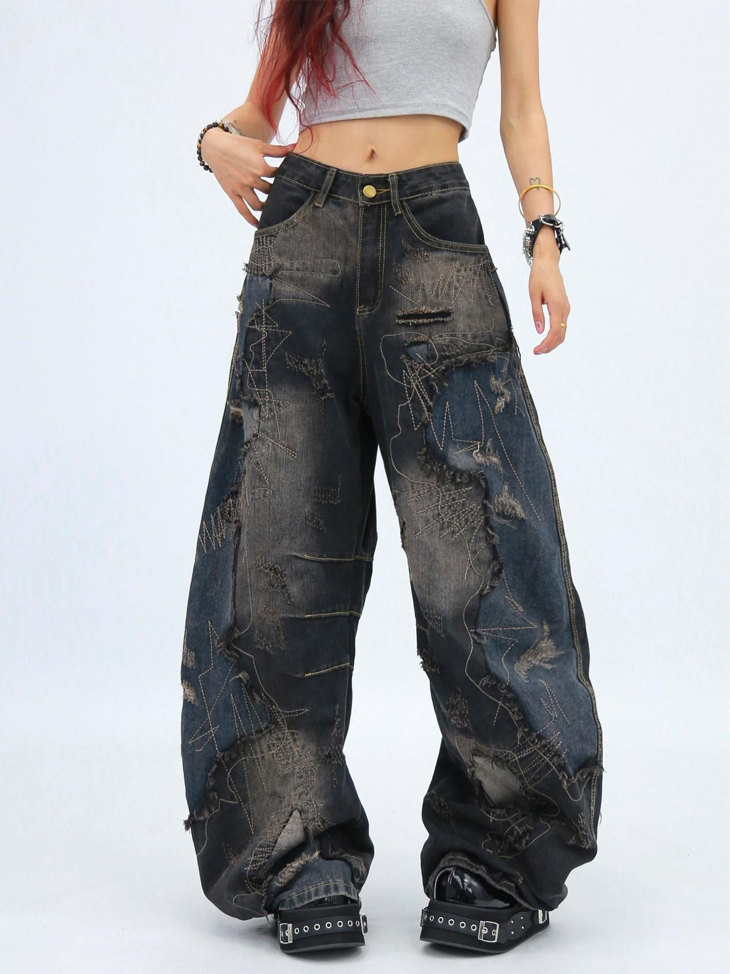 NANAICHILLI Comfortable Loose Wide Leg Zip Fly Natural Waist Casual Black Blue Jeans