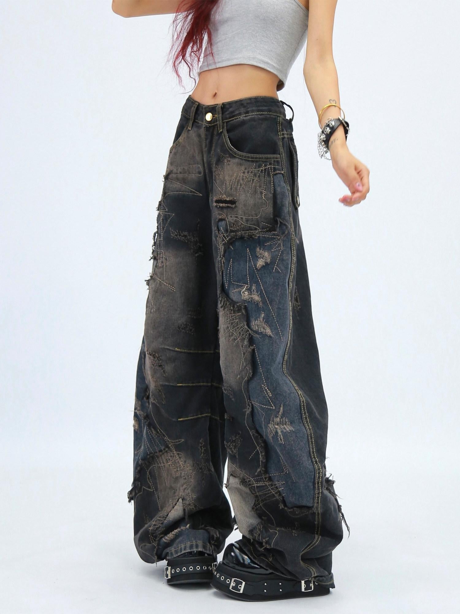 NANAICHILLI Comfortable Loose Wide Leg Zip Fly Natural Waist Casual Black Blue Jeans