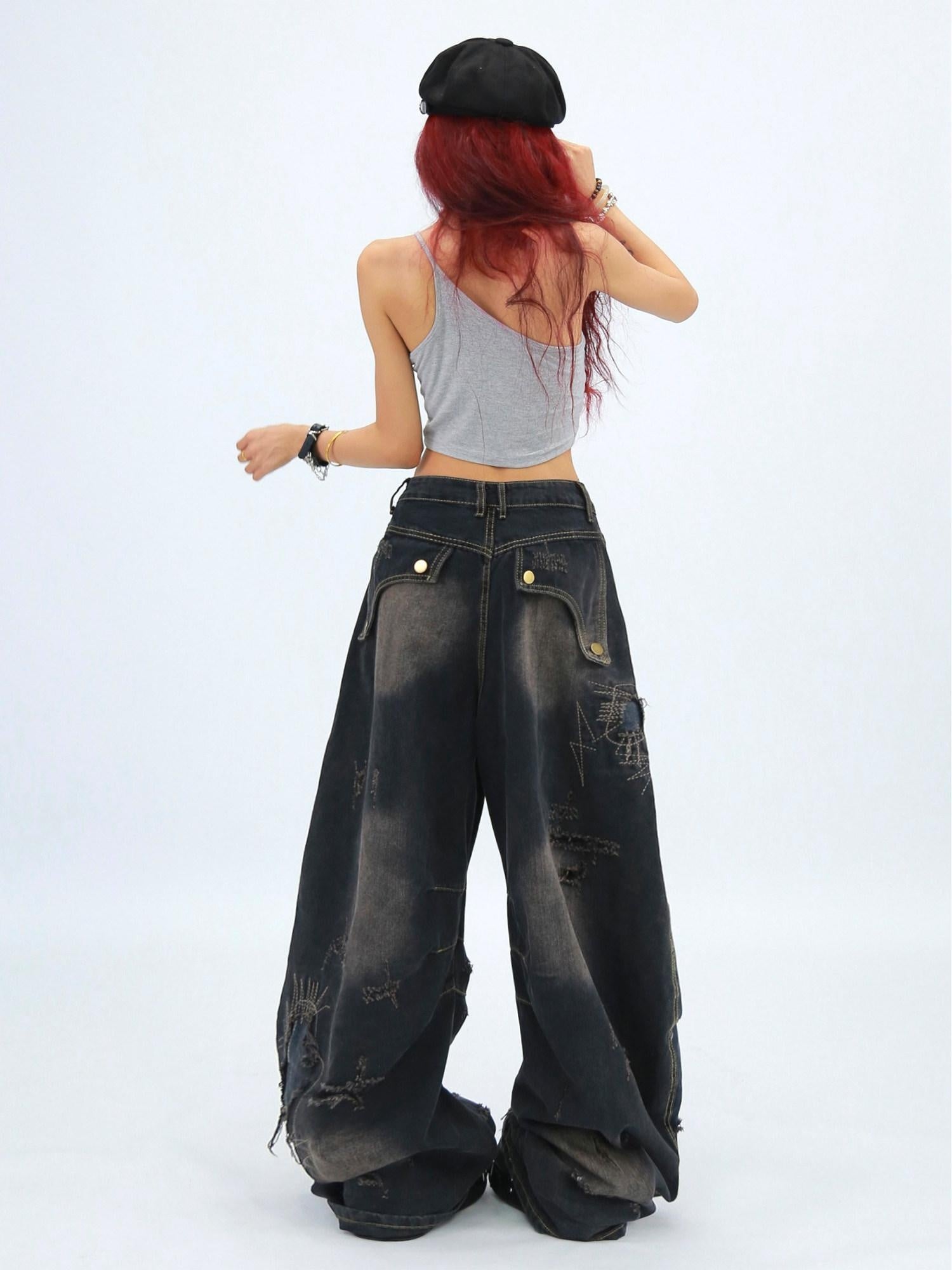 NANAICHILLI Comfortable Loose Wide Leg Zip Fly Natural Waist Casual Black Blue Jeans