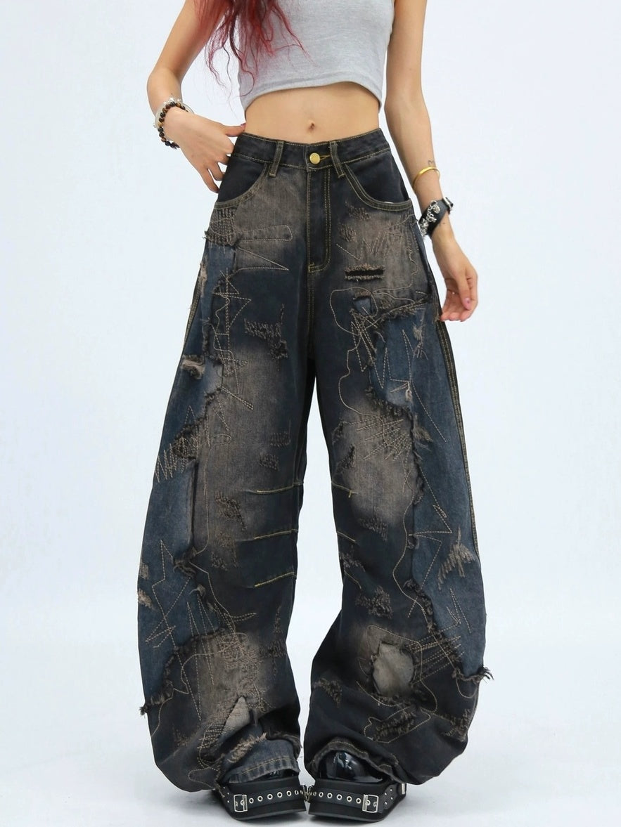 NANAICHILLI Comfortable Loose Wide Leg Zip Fly Natural Waist Casual Black Blue Jeans