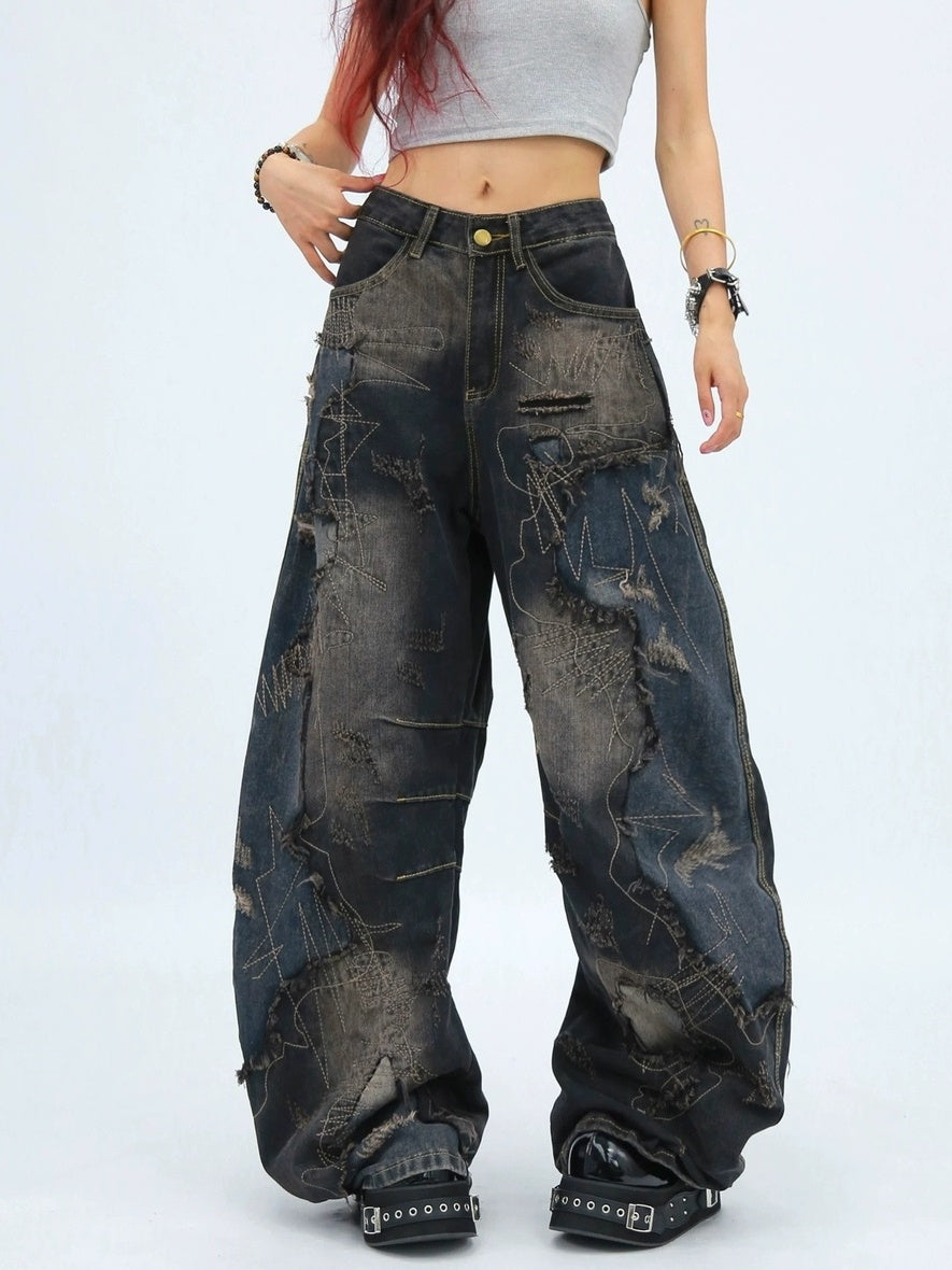 NANAICHILLI Comfortable Loose Wide Leg Zip Fly Natural Waist Casual Black Blue Jeans