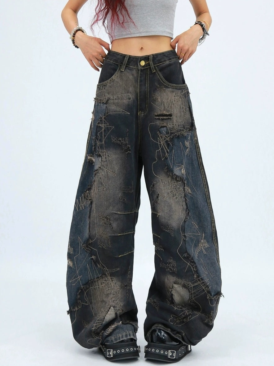 NANAICHILLI Comfortable Loose Wide Leg Zip Fly Natural Waist Casual Black Blue Jeans