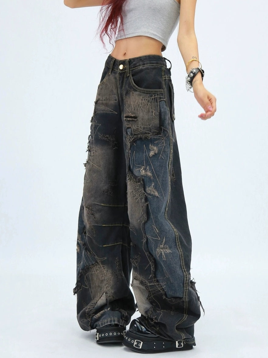 NANAICHILLI Comfortable Loose Wide Leg Zip Fly Natural Waist Casual Black Blue Jeans