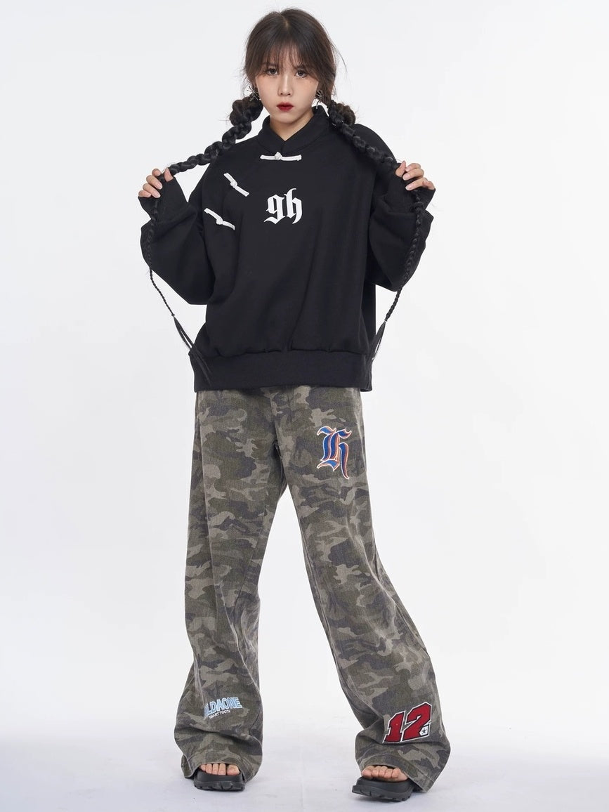 NANAICHILLI Cotton Blend Guochao Printed Stand Collar Youth Pullover Black Hoodies